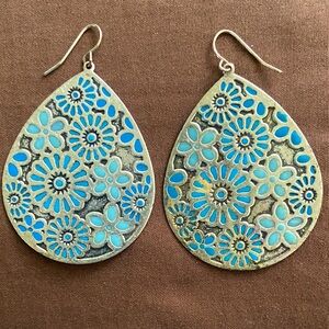 EXTRA LARGE SILVER TURQUOISE FLORAL FILIGREE ORNATE DANGLING TEARDROP EARRINGS